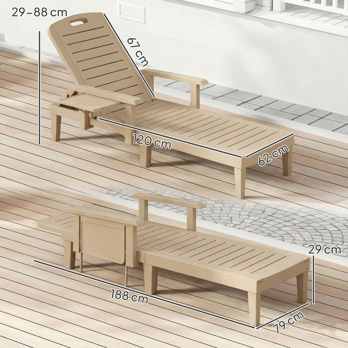 Outsunny Set of 2 Reclining Sun Loungers, 5 Positions Adjustable Outdoor Chaise Lounge Chair with Armrests, Khaki-Sunloungers-ChewyGames-ChewyGames