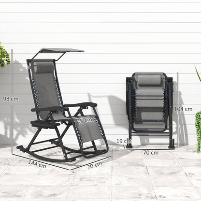 Outsunny Garden Rocking Chair Folding Recliner Outdoor Adjustable Sun Lounger Rocker Zero-Gravity Seat with Headrest Side Holder Patio Deck - Grey