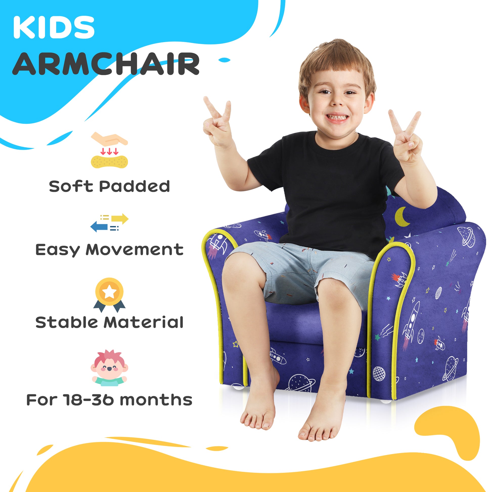 AIYAPLAY Kids Armchair with Planet Dinosaurs Design, Wooden Frame, for Bedroom, Playroom, Kids Room - Blue-Play Sofas-ChewyGames-ChewyGames