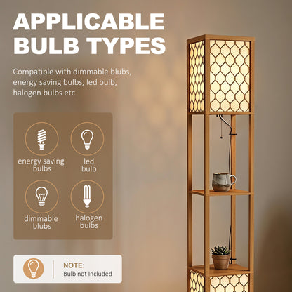 HOMCOM Floor Lamp with Shelves, Modern Tall Standing Lamp with Fabric Lampshades, Zipper Switch, Natural Wood Finish