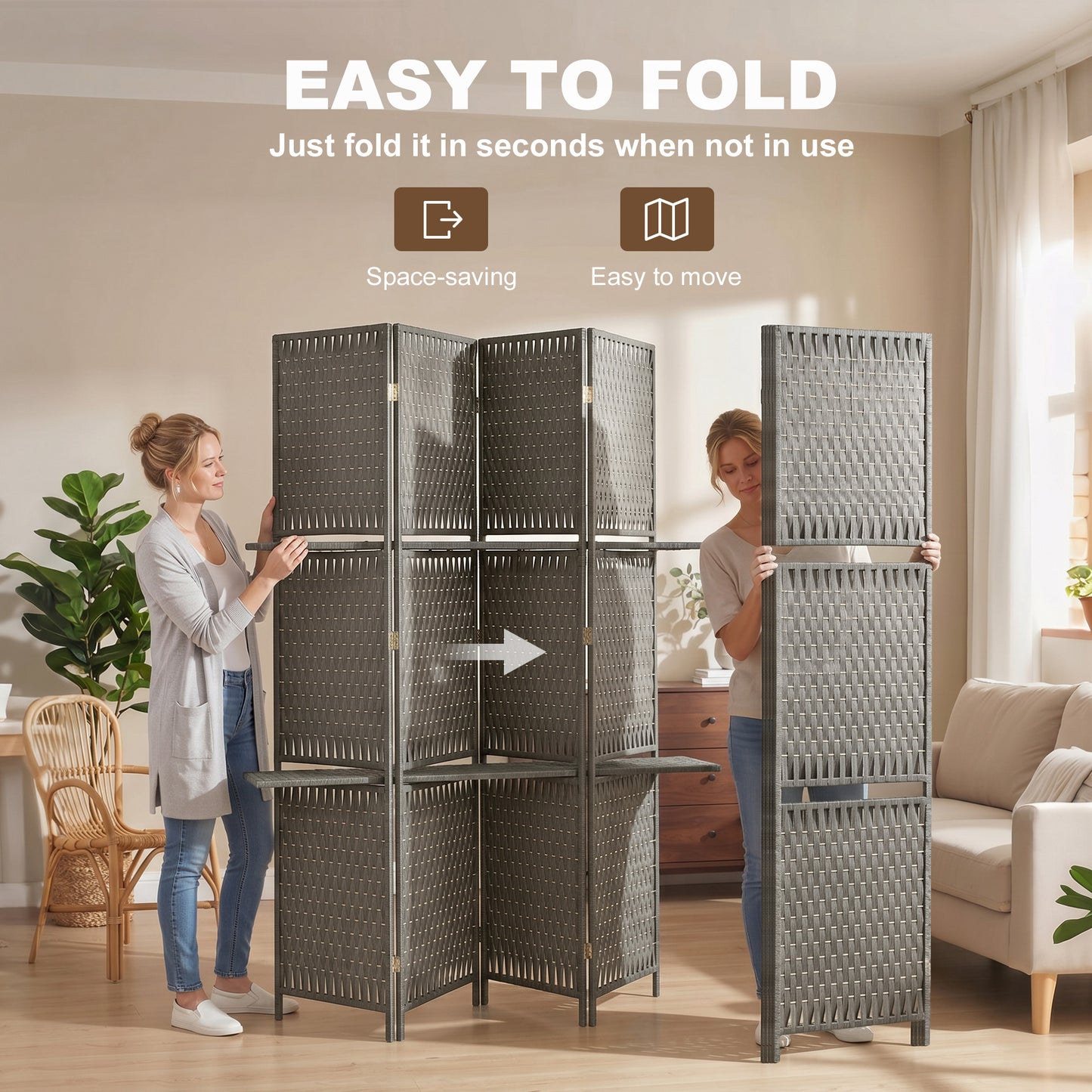 HOMCOM Wave Fibre Freestanding Folding Privacy Screen Panels, Room Divider, Grey