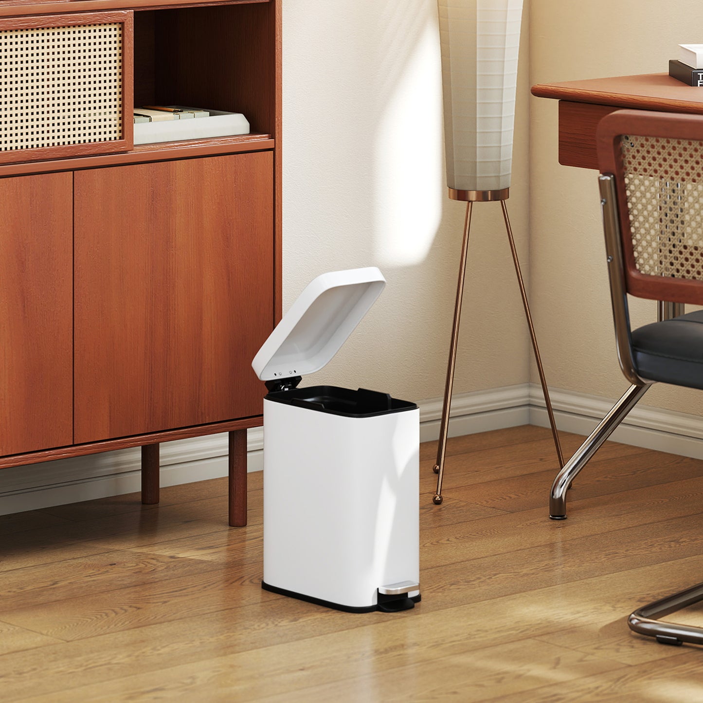 HOMCOM 5L Rectangular Compact Bin Steel Body Removable Bucket Quiet-Close Lid w/ Pedal Lid Rubbish Trash Can Home Office Bedroom Bathroom Living Room Garbage Tidy Clean White