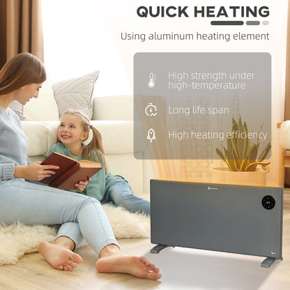HOMCOM 2000W Electric Convector Heater, Freestanding or Wall Mounted, Space Heater with Adjustable Thermostat, Timer, Grey
