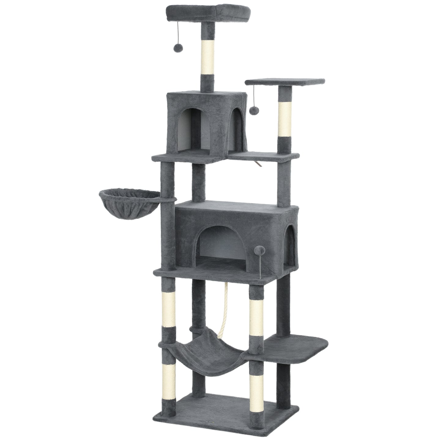 PawHut 202cm Large Cat Tree with 6 Scratching Posts, 2 Hammocks, 2 Condos, 2 Perches, Pompoms, for Indoor Cats to Rest and Play--ChewyGames-ChewyGames