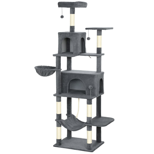 PawHut 202cm Large Cat Tree with 6 Scratching Posts, 2 Hammocks, 2 Condos, 2 Perches, Pompoms, for Indoor Cats to Rest and Play--ChewyGames-ChewyGames