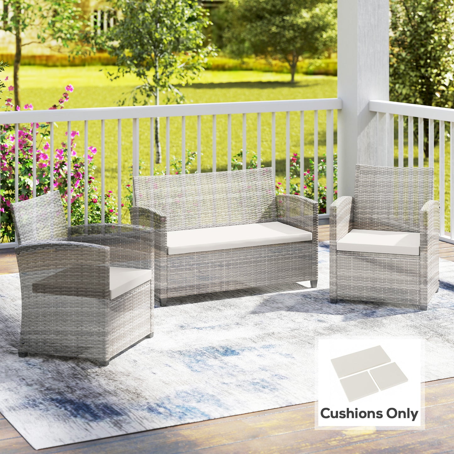 Outsunny Outdoor Seat Cushion Pads for Rattan Furniture, 3 PCs Garden Furniture Cushions, Cream White