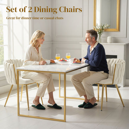 HOMCOM Velvet-Feel Dining Chairs Set of 2, Modern Upholstered Armchair with Knot Design and Golden Metal Legs, Accent Chair for Dining Room, Bedroom, Kitchen, Living Room, Cream