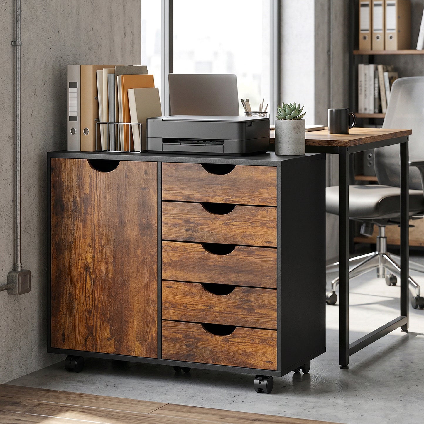 HOMCOM Multi-Storage Mobile Office Storage Cabinet - Rustic Brown