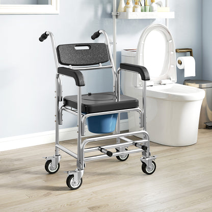 HOMCOM Transport Beside Shower Chair, 3-in-1 Commode Chair with Wheels and Padded Seat, Black