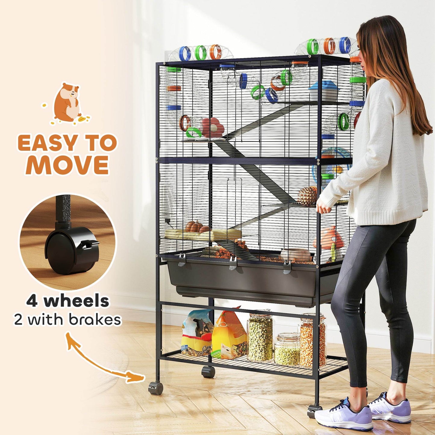 PawHut 5 Tier Large Hamster Cage on Wheels with 17 cm Deep Tray, Storage Shelf for Syrian, Gerbil, Rats