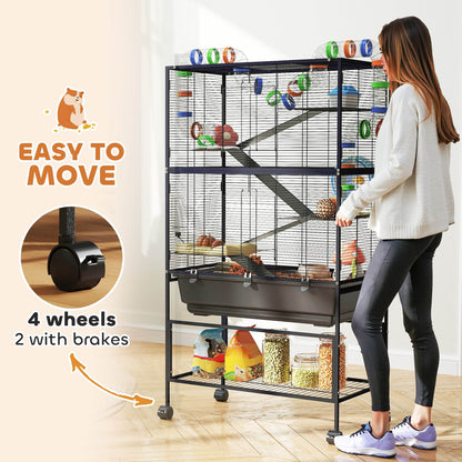 PawHut 5 Tier Large Hamster Cage on Wheels with 17 cm Deep Tray, Storage Shelf for Syrian, Gerbil, Rats