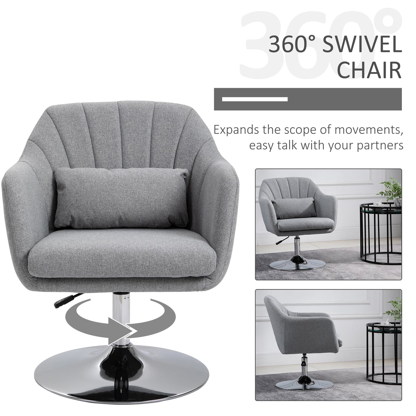 HOMCOM Swivel Accent Chair, Linen Fabric Tub Vanity Chair, Modern Armchair with Adjustable Height and Lumbar Support for Living Room Bedroom Salon Make up Room Dressing Table, Light Grey