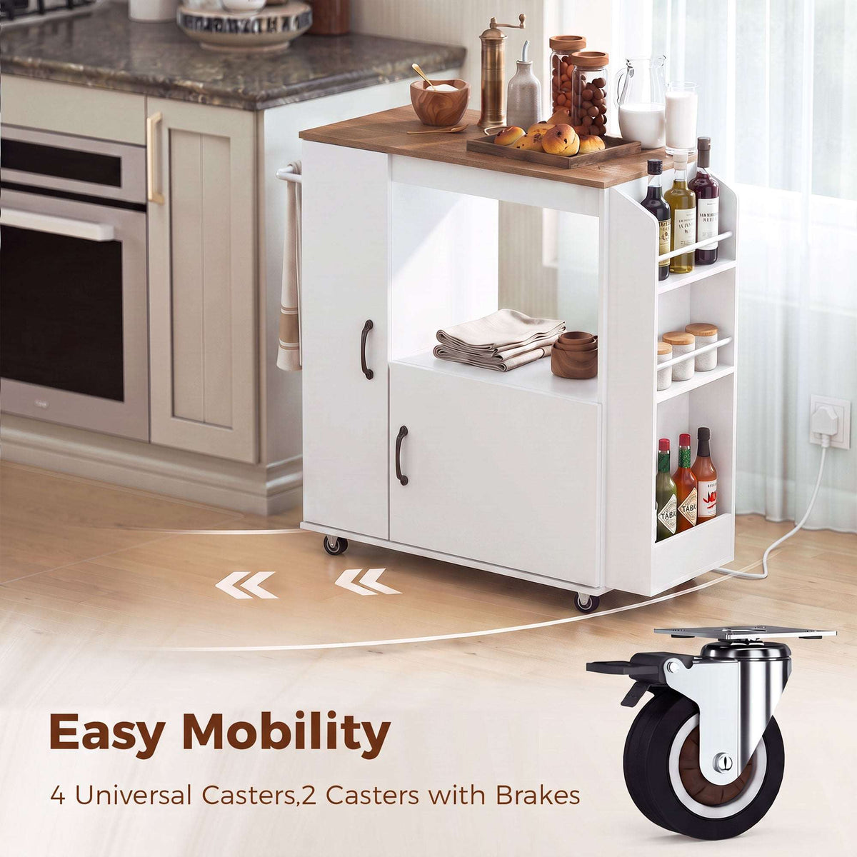 HOMCOM Kitchen Trolley on Wheels, Rolling Kitchen Island Cart with Power Outlet, Cabinet, Pull-Out Drawer, White