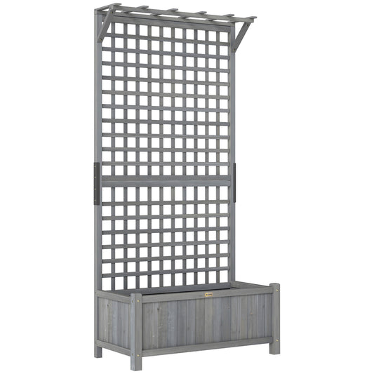 Outsunny Raised Bed with Drainage Holes, Wood Planter with Trellis for Climbing Plants, Dark Grey