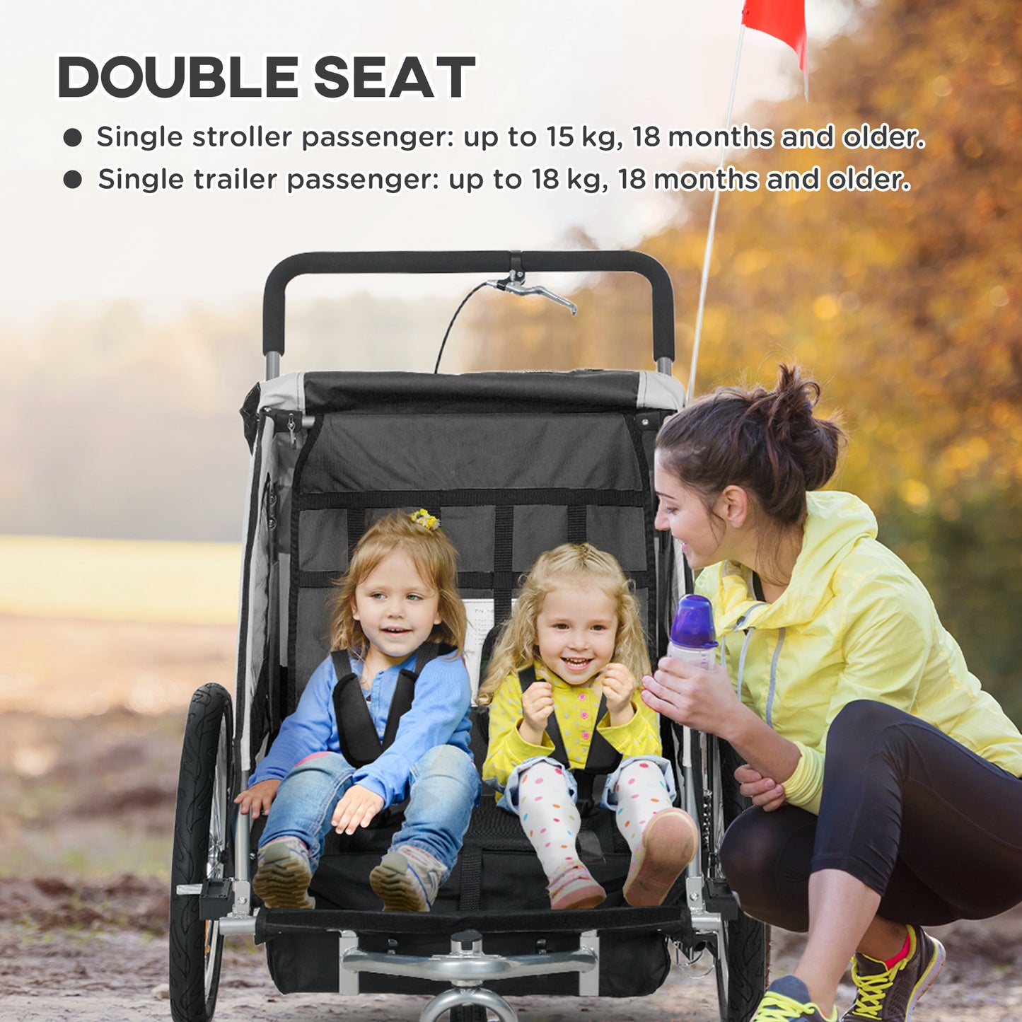 HOMCOM 2 Seat Bike Trailer with 5 Point Harness, Baby Bike Stroller with Safety Flag, Reflectors, for 18+ Months, Black