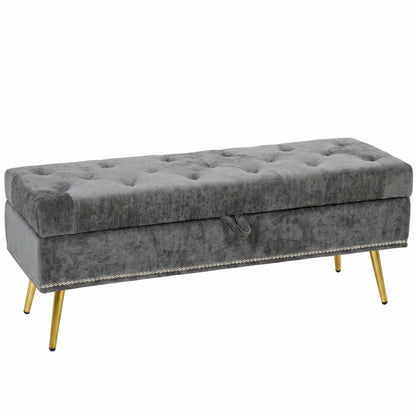 HOMCOM Storage Ottoman, Chenille Upholstered Ottoman Storage Box with Padded Seat, Metal Legs, 114 x 41 x 45 cm, Grey