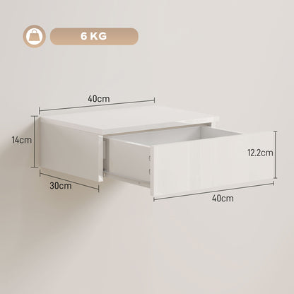 HOMCOM Floating Bedside Table Set of 2, Wall-Mounted Nightstand with High Gloss Finish & Storage Drawer, White
