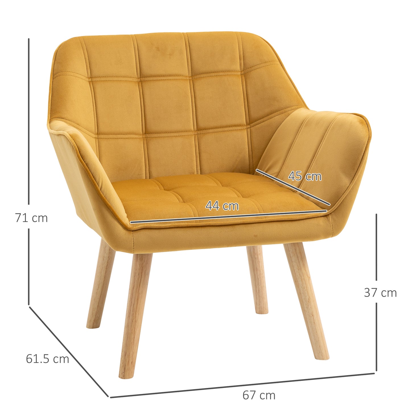 HOMCOM Accent Chair, Velvet Upholstered Vanity Tub Chair with Flared Armrests, Slanted Back, Solid Wood Legs, Comfy Padding Armchair, Home Bedroom Furniture Seating, Yellow