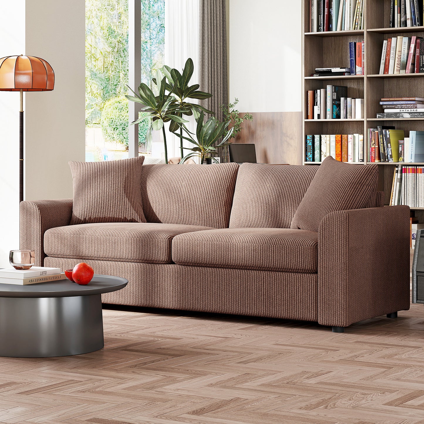 HOMCOM Modern 3 Seater Sofa with Spring Cushion, 212 cm Fabric Jumbo Cord Sofa Couch with 2 Scatter Cushions, Upholstered Corduroy Settee for Living Room, Bedroom, Home Office, Coffee