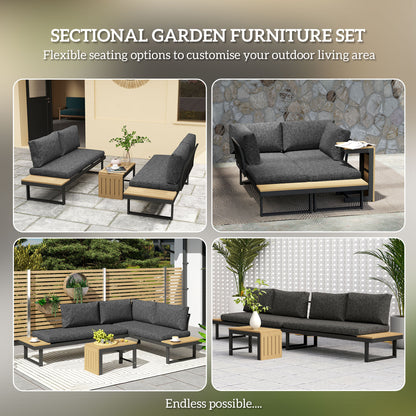 Outsunny 4 Seater L Shaped Aluminium Sectional Garden Furniture Set with 2 Loveseats and Wood-Plastic Coffee Table - Natural Wood