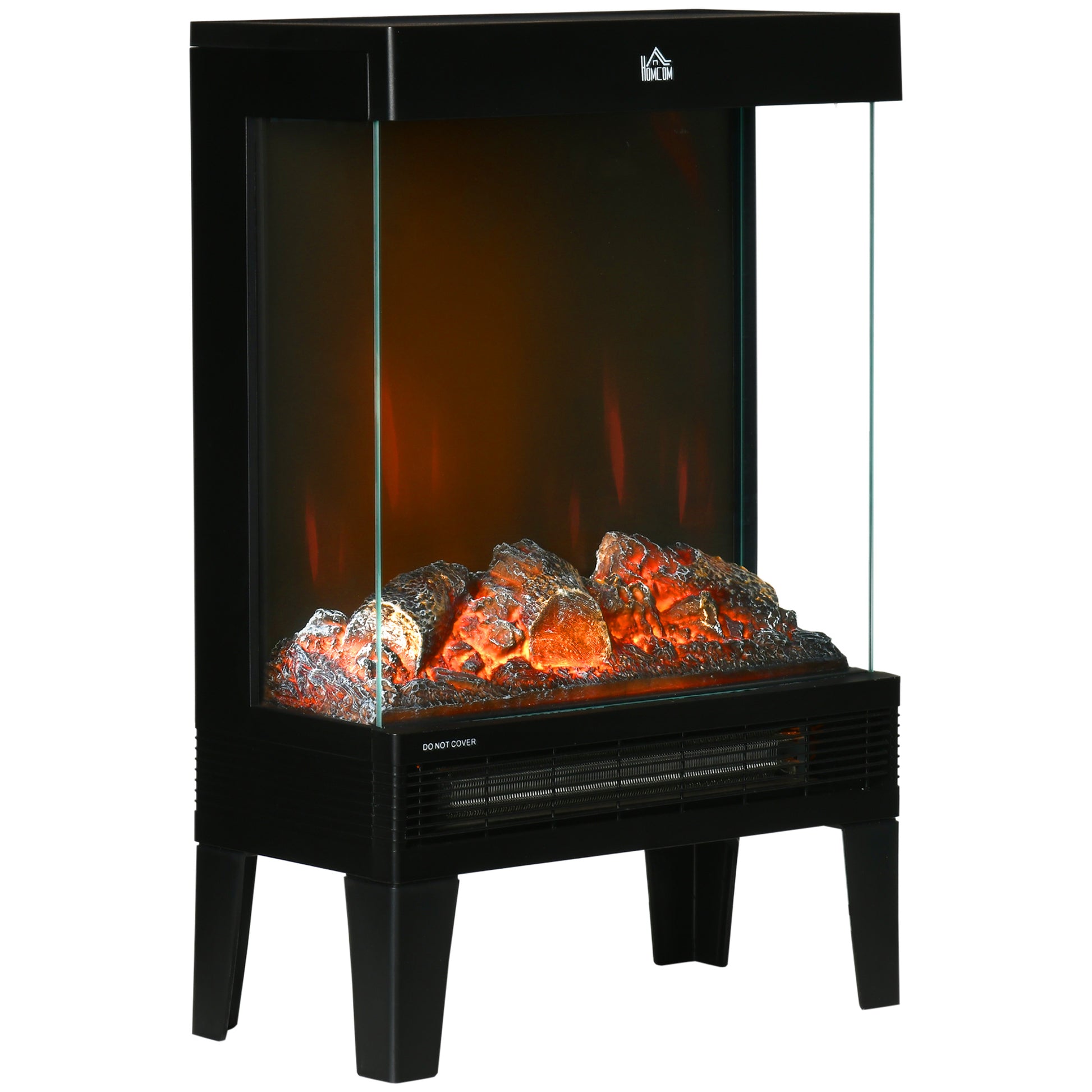HOMCOM 180° Charming Electric Fireplace Heater, Quiet Freestanding Stove with LED Flame Effect, 3-Sided Tempered Glass Panels, Level-less Temperature Control, Overheat Protection, 1000W/2000W, Black-Indoor Fireplaces-ChewyGames-ChewyGames
