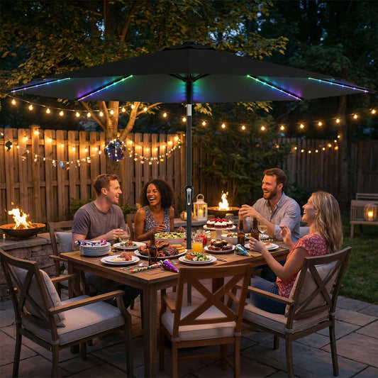 Outsunny 3 m Garden Parasol Umbrella with 112 Solar Powered LED Lights, Patio Umbrella with Crank Handle, Black--ChewyGames-Outsunny