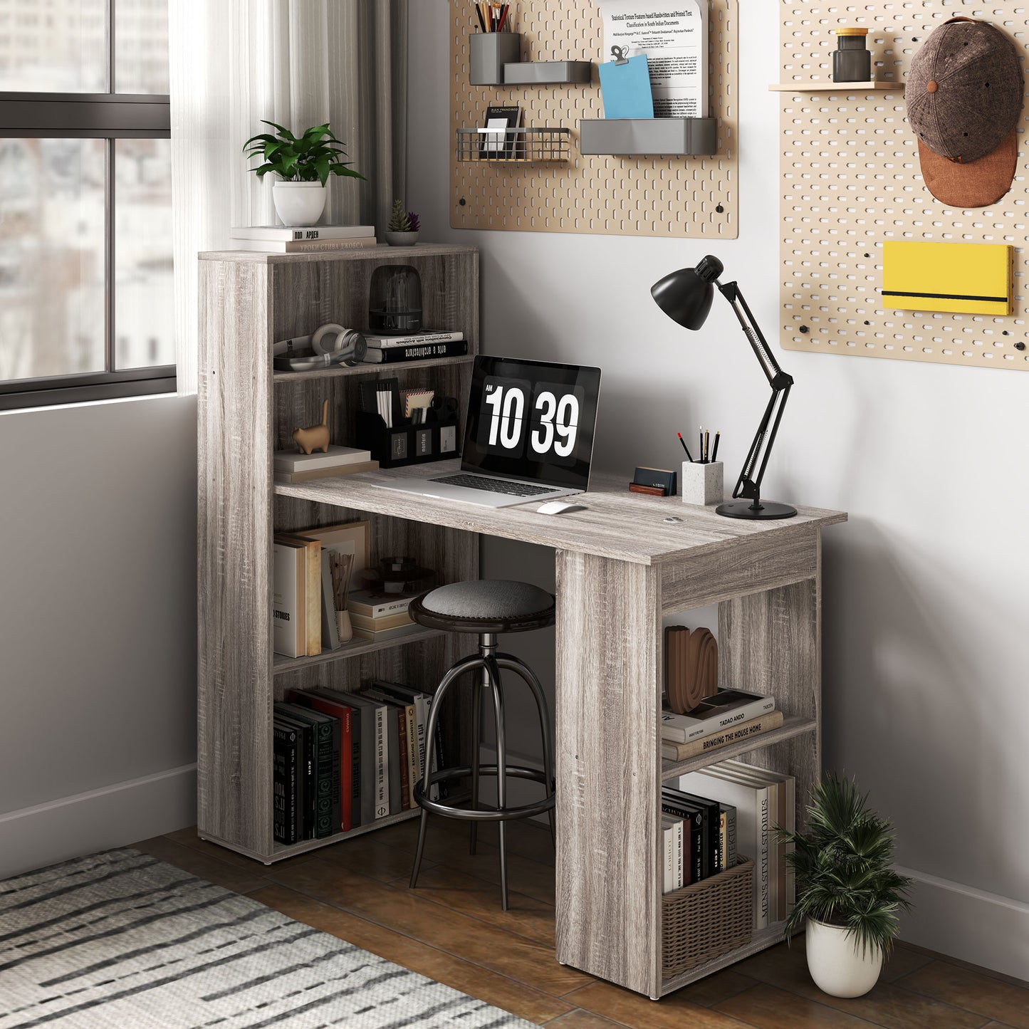 HOMCOM 120cm Computer Desk, Wooden PC Laptop Table with 6-Tier Storage Bookshelves, Home Office Working Study Desk, Writing Workstation, Grey
