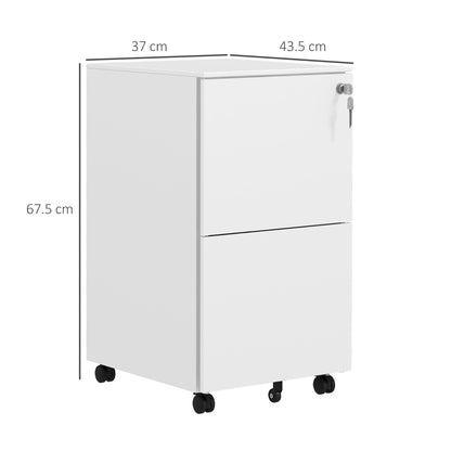 Vinsetto 2-Drawer Filing Cabinet with Lock and 5 Wheels, Steel Mobile File Cabinet, for A4, Legal and Letter Size, Pre-Assembled Body, White