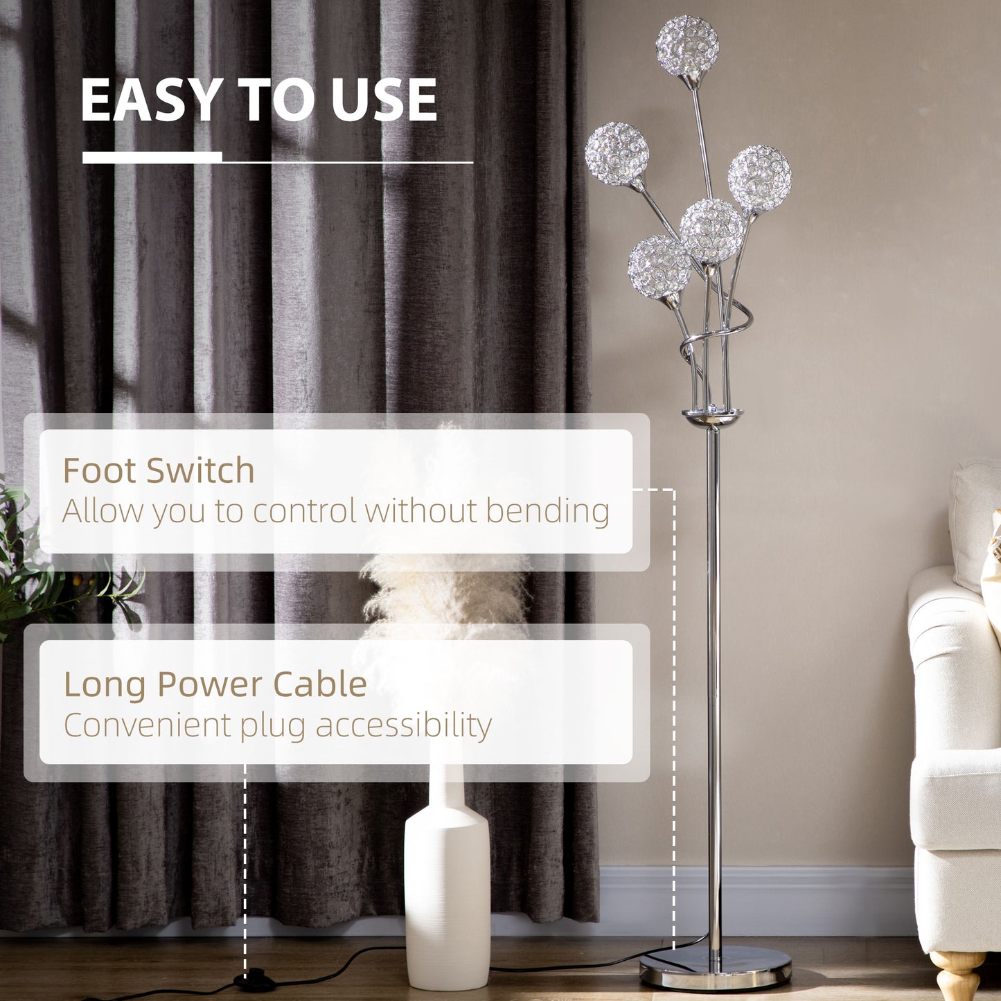 HOMCOM Floor Lamps for Living Room Bedroom with 5 Light, Modern Upright Standing Lamp, 34x25x156cm, Silver