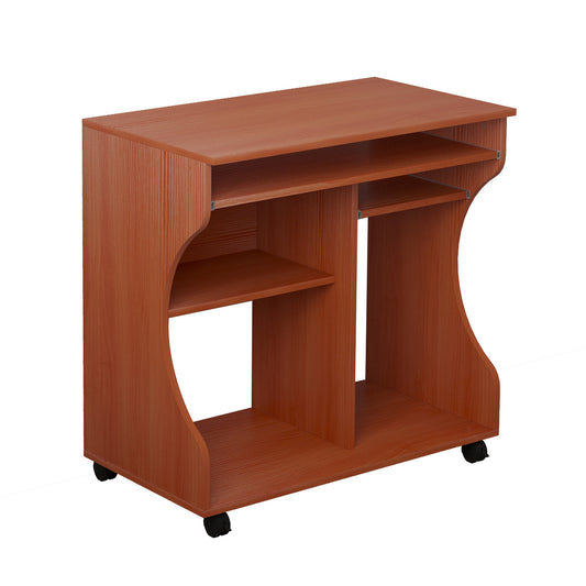 HOMCOM Multi-Storage Compact Work Desk, with Wheels - Cherry Wood Colour--ChewyGames-ChewyGames