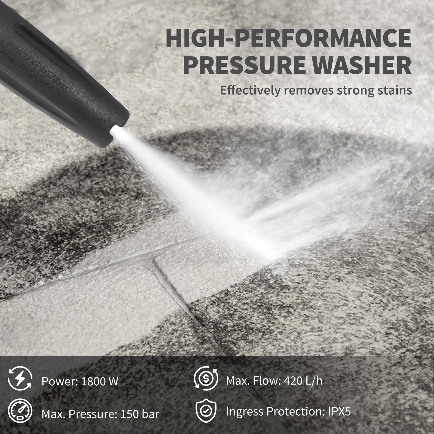 Outsunny 1800W High Pressure Washer, 150 Bar Pressure, 420 L/h Flow, Portable Power Washer Jet Wash Cleaner with Adjustable Nozzle, 6M Hose, Hose Reel, Steel Handle for Home Patio Car Driveway, Blue