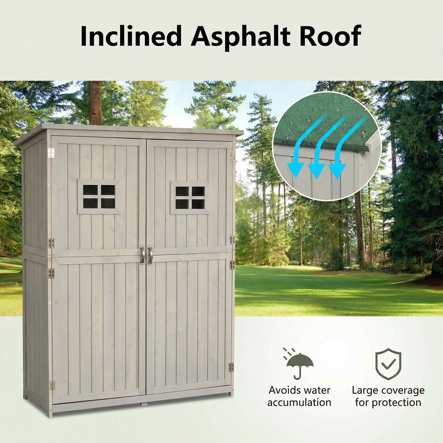 Outsunny Wooden Garden Shed with Two Windows, Tool Storage Cabinet, Outdoor Double Door Organizer 127.5L x 50W x 164H cm, Grey
