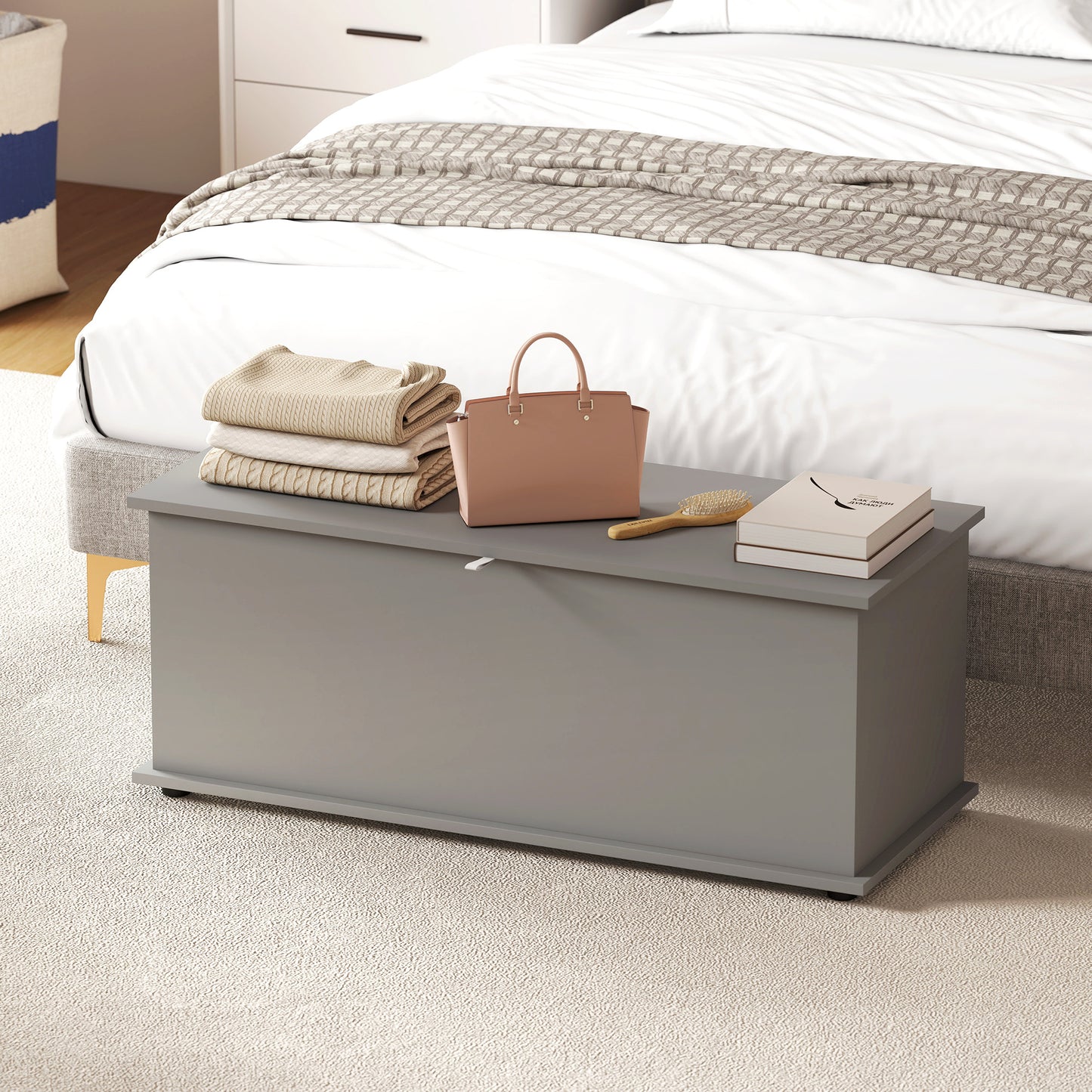 HOMCOM Storage Chest, Large 113L Blanket Box, Shoe Bench with Safety Hinged Lid, Storage Trunk, Bed End Bench for Bedroom, Hallway, Living room, Playroom, 100 x 40 x 40cm, Grey--ChewyGames-ChewyGames