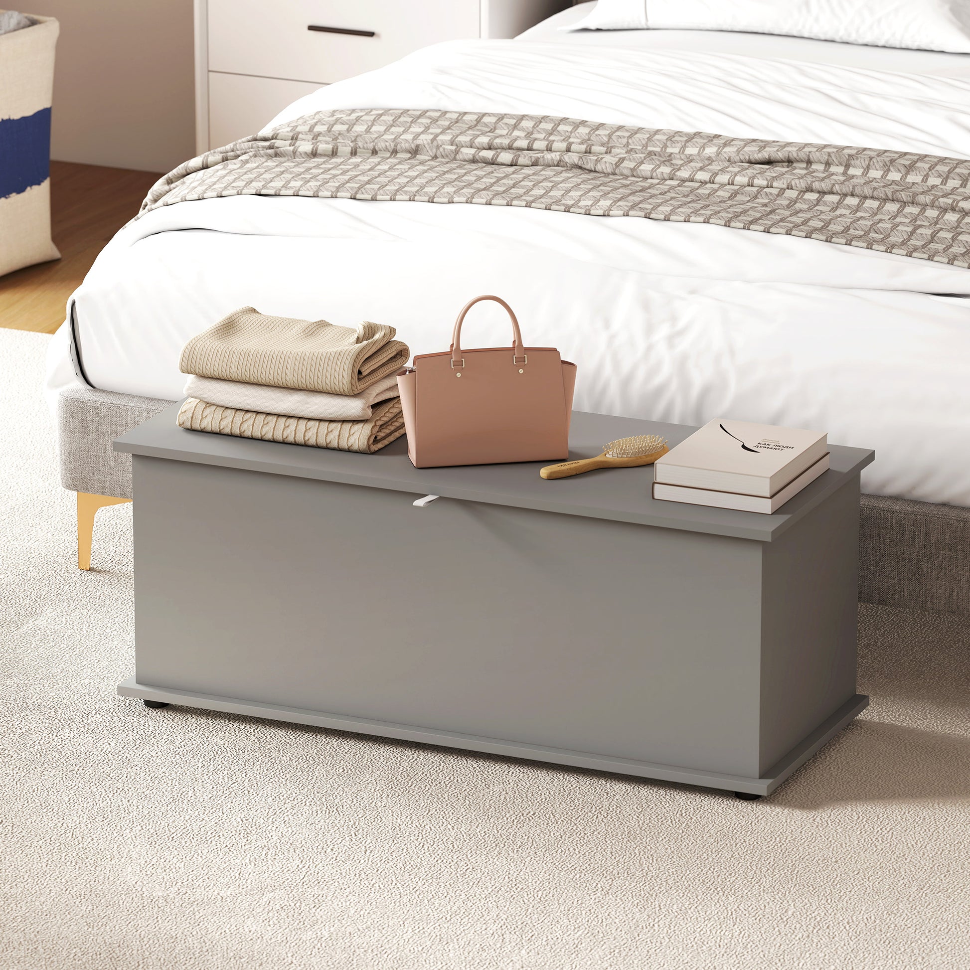 HOMCOM Storage Chest, Large 113L Blanket Box, Shoe Bench with Safety Hinged Lid, Storage Trunk, Bed End Bench for Bedroom, Hallway, Living room, Playroom, 100 x 40 x 40cm, Grey--ChewyGames-ChewyGames