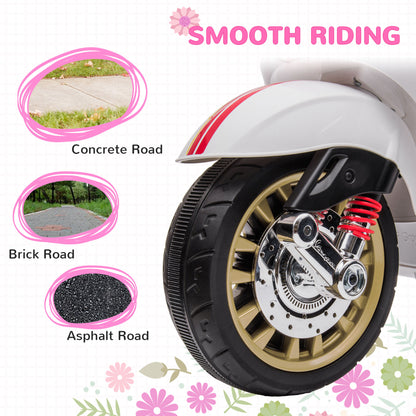 AIYAPLAY 12V Vespa Licensed Kids Electric Motorbike w/ Music, Lights, FM Radio, for 3-6 Years - White