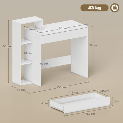 HOMCOM Desk with Storage, Computer Desk with 3 Open Shelves and Drawer, Workstation, Computer Table, White