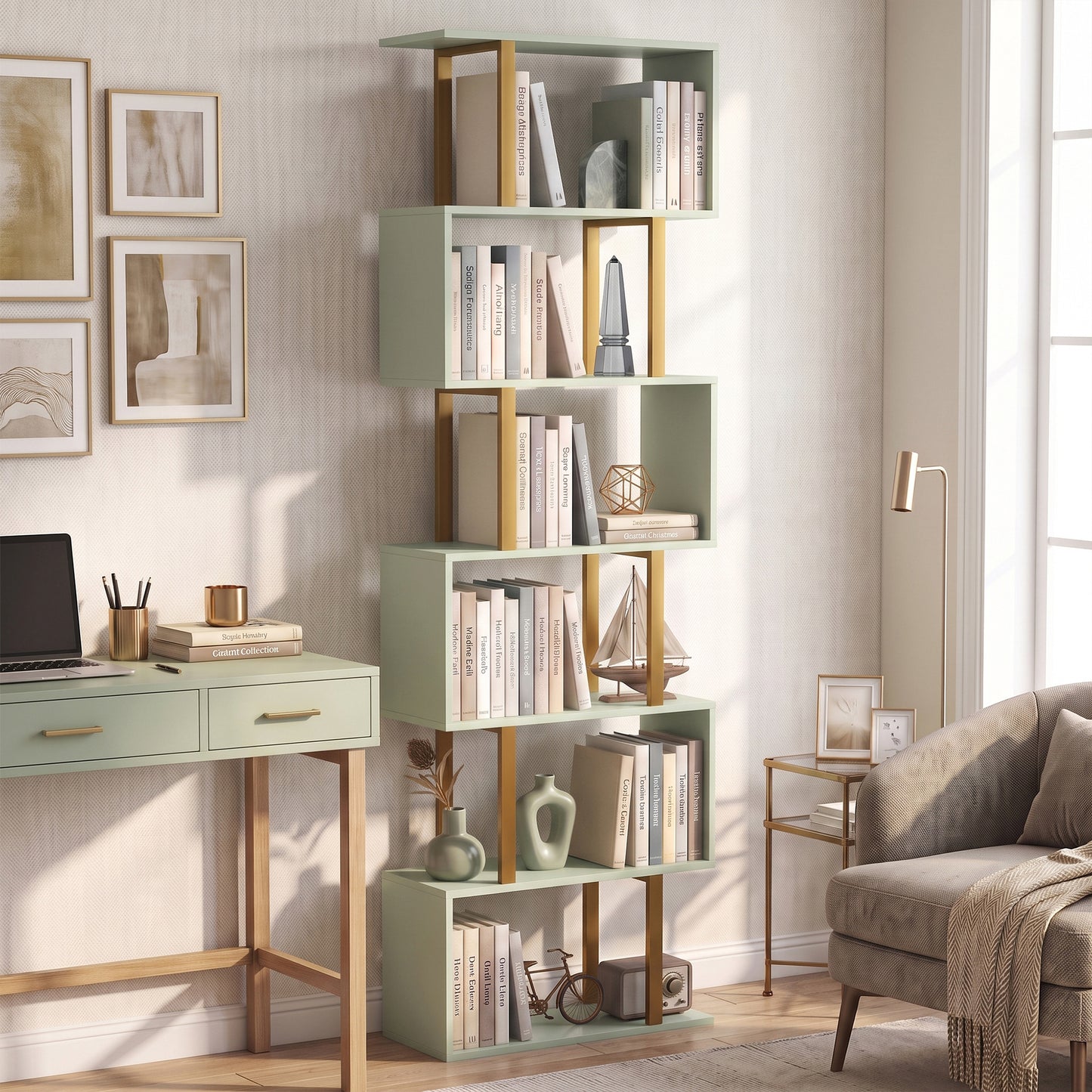 HOMCOM S-Shaped Bookshelf, 6-Tier Bookcase, Freestanding Storage Shelves with Anti-Tip Strap for Living Room, Light Green