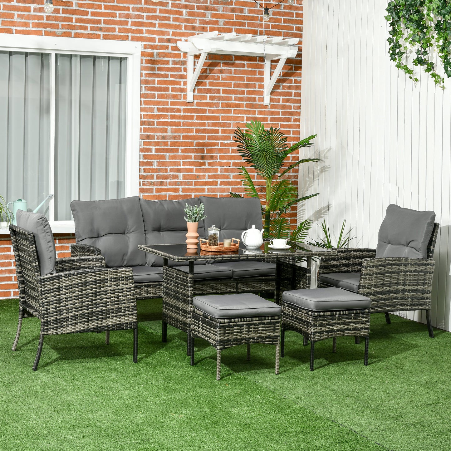 Outsunny 5 Seater Rattan Garden Furniture Set, 2 Armchairs, 3-Seater Wicker Sofa, 2 Footstools and Glass Table, 6 Piece Patio Rattan furniture Sofa Sets with Cushions for Conservatory, Mixed Grey-Outdoor Furniture Sets-ChewyGames-ChewyGames