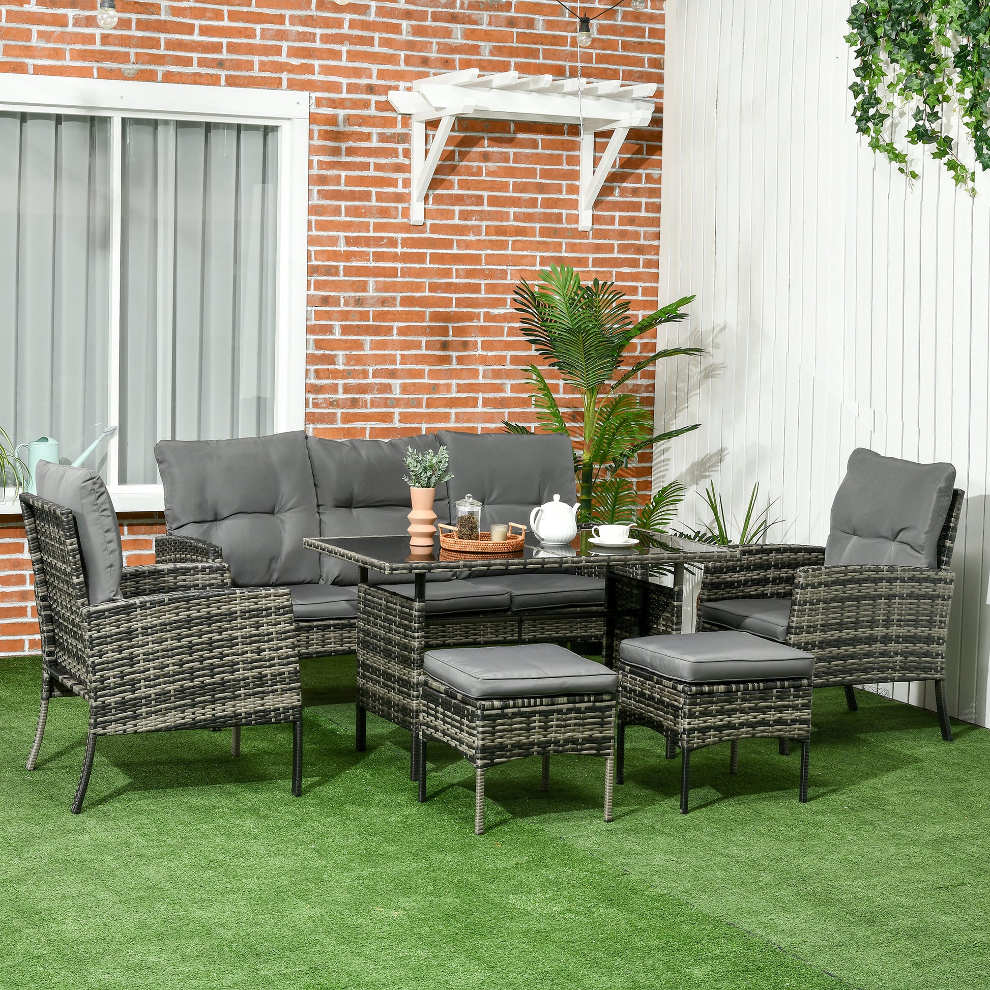 Outsunny 5 Seater Rattan Garden Furniture Set, 2 Armchairs, 3-Seater Wicker Sofa, 2 Footstools and Glass Table, 6 Piece Patio Rattan furniture Sofa Sets with Cushions for Conservatory, Mixed Grey-Outdoor Furniture Sets-ChewyGames-ChewyGames