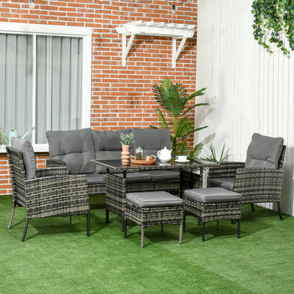 Outsunny 5 Seater Rattan Garden Furniture Set, 2 Armchairs, 3-Seater Wicker Sofa, 2 Footstools and Glass Table, 6 Piece Patio Rattan furniture Sofa Sets with Cushions for Conservatory, Mixed Grey-Outdoor Furniture Sets-ChewyGames-ChewyGames