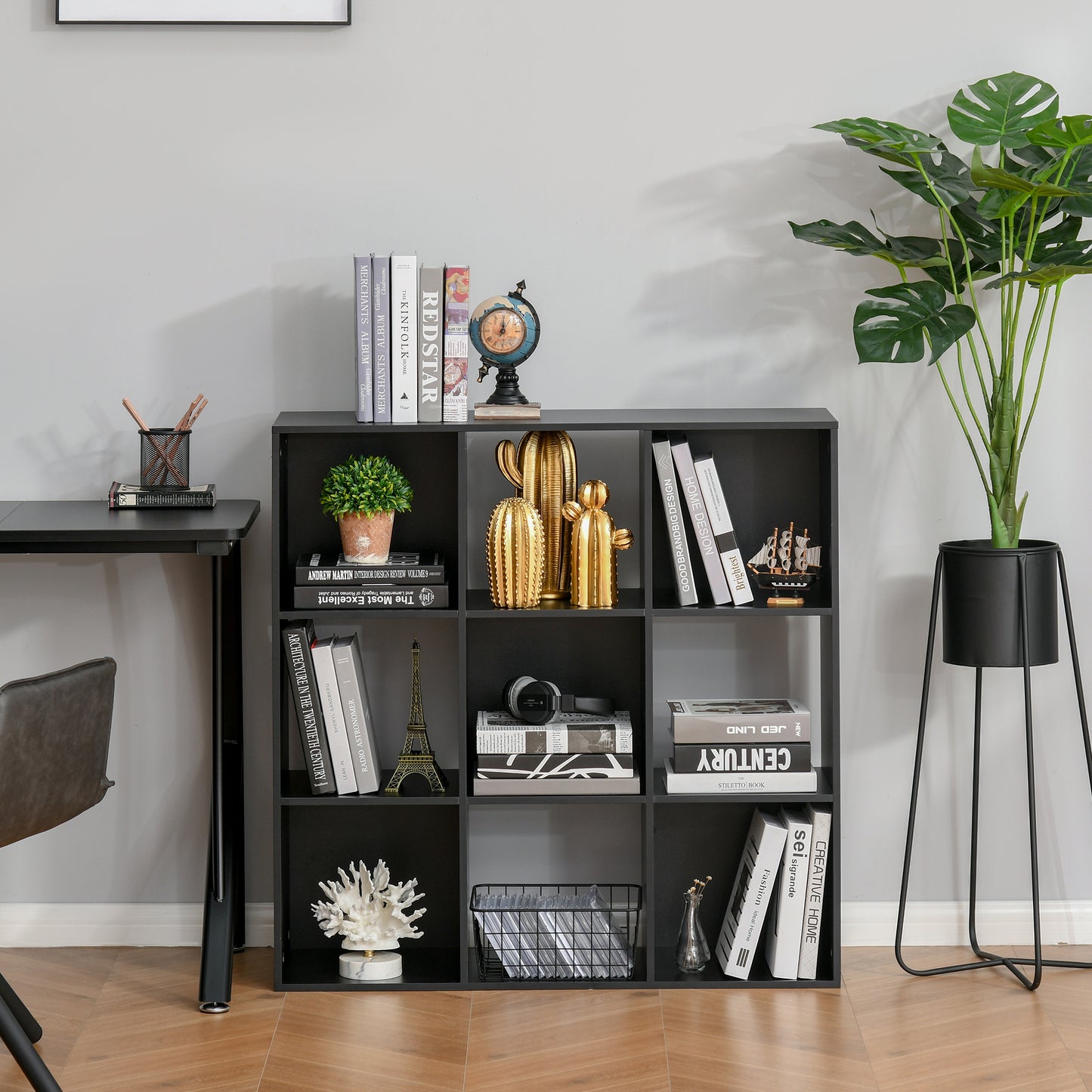 HOMCOM 3-tier 9 Cubes Storage Unit Particle Board Cupboard Bookcase Organiser Home Office Shelves, Black--ChewyGames-ChewyGames