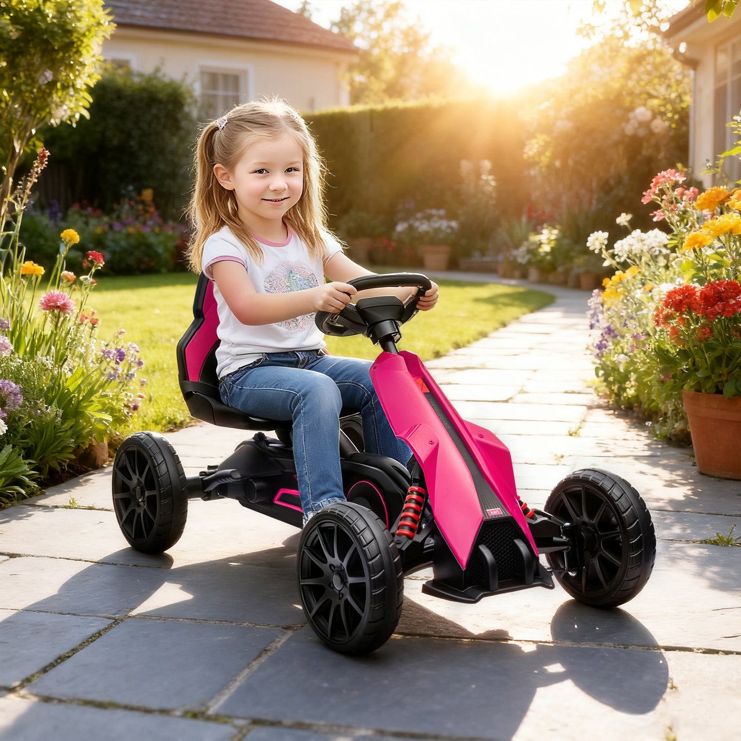 HOMCOM Kids Pedal Go Kart, with Adjustable Seat, EVA Wheels, Seat, Handbrake - Pink