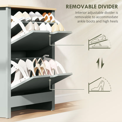HOMCOM Slim Shoe Cabinet, Narrow Shoe Cupboard with 2 Flip Drawers, Adjustable Shelves for 12 Pairs of Shoes, Light Grey