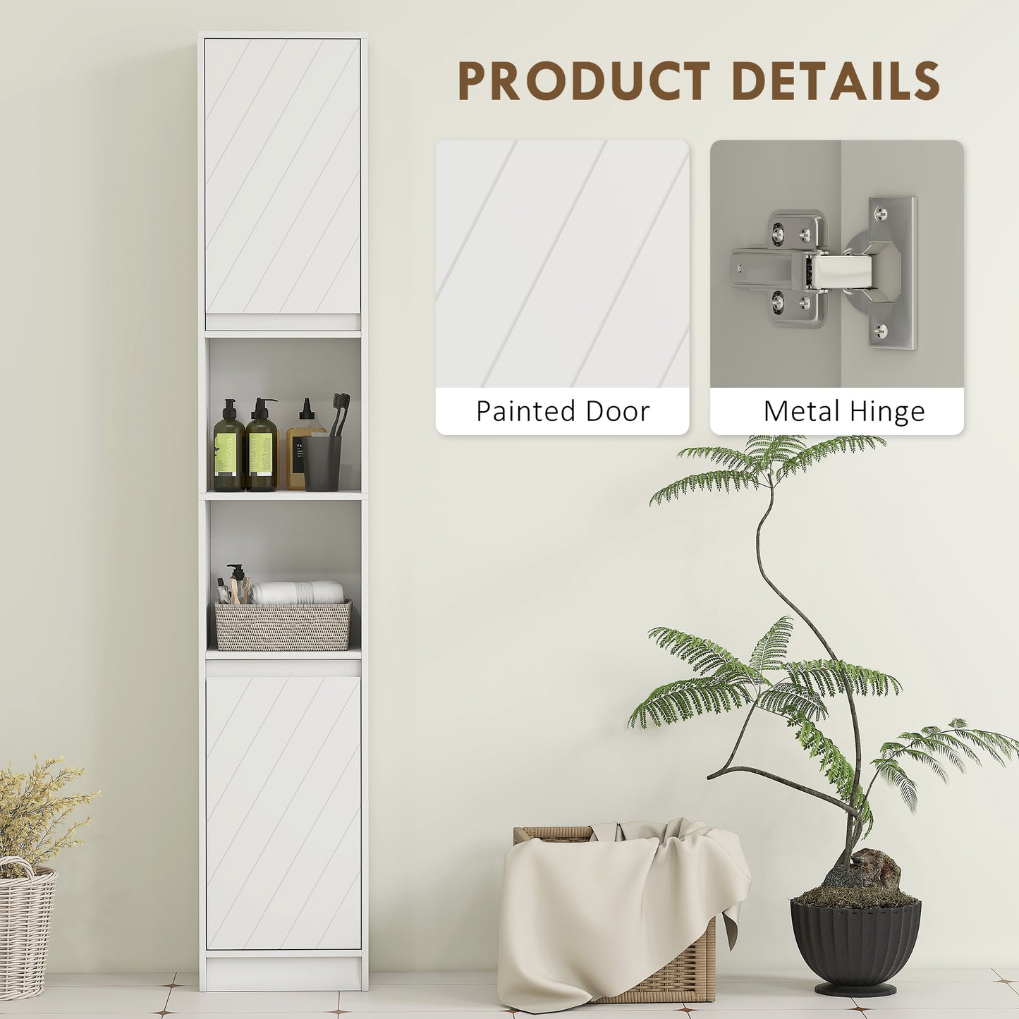 HOMCOM Narrow Bathroom Cabinet, Slim Bathroom Storage Unit with Open Compartment, Freestanding Storage Cupboard with Adjustable Shelves for Small Spaces, 30 x 24 x 170 cm, White