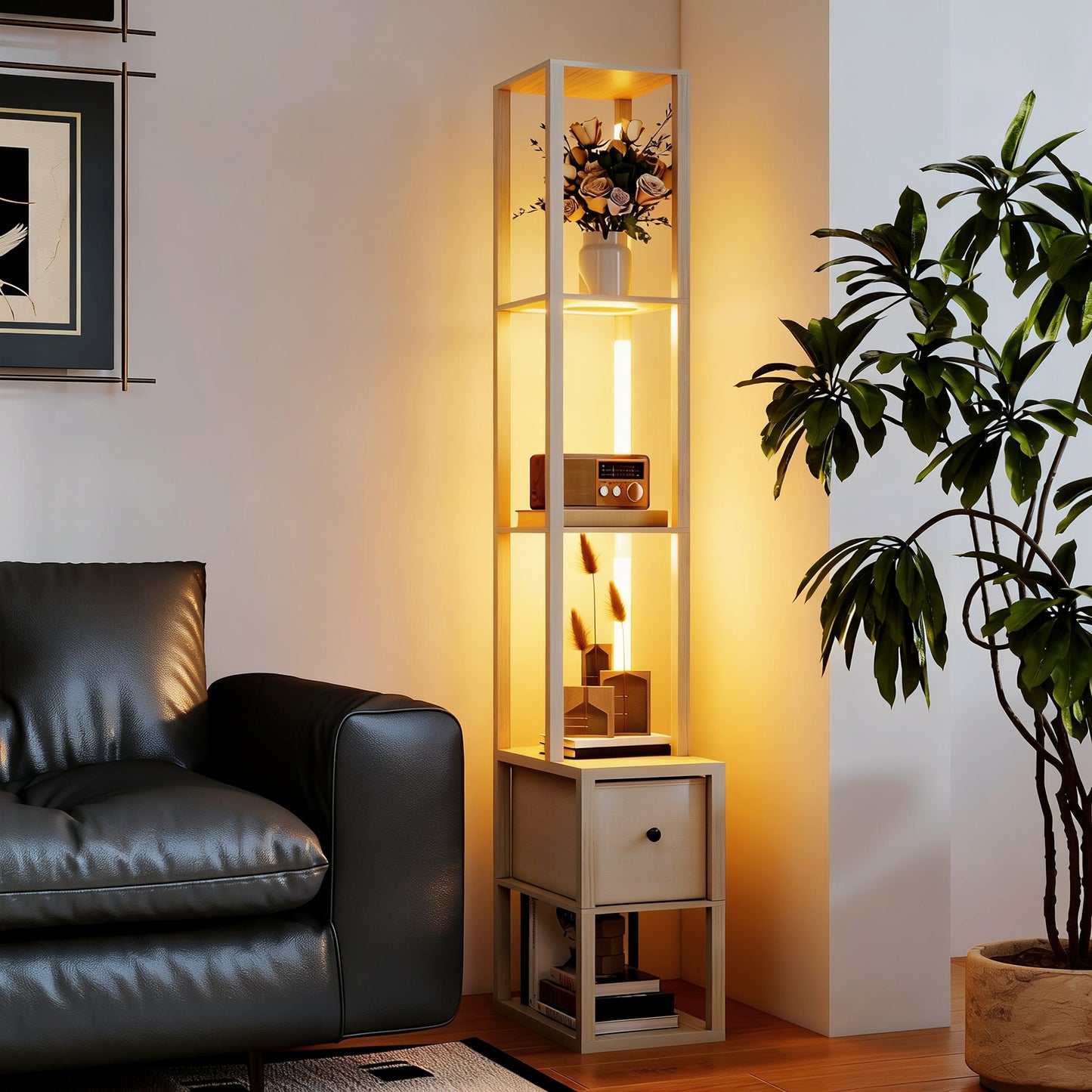 HOMCOM Floor Lamp with Shelves, LED Column Modern Standing Lamp with Fabric Drawer, Adjustable Brightness, Foot Switch for Living Room, Bedroom, Office, Oak