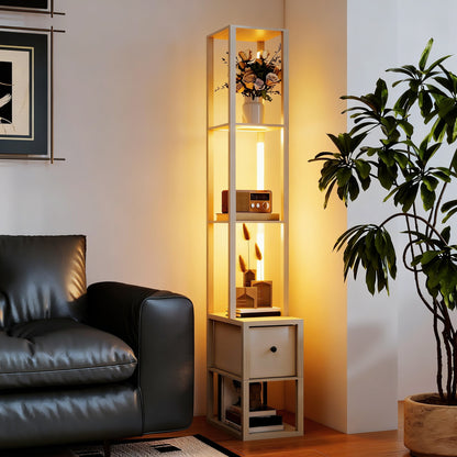 HOMCOM Floor Lamp with Shelves, LED Column Modern Standing Lamp with Fabric Drawer, Adjustable Brightness, Foot Switch for Living Room, Bedroom, Office, Oak