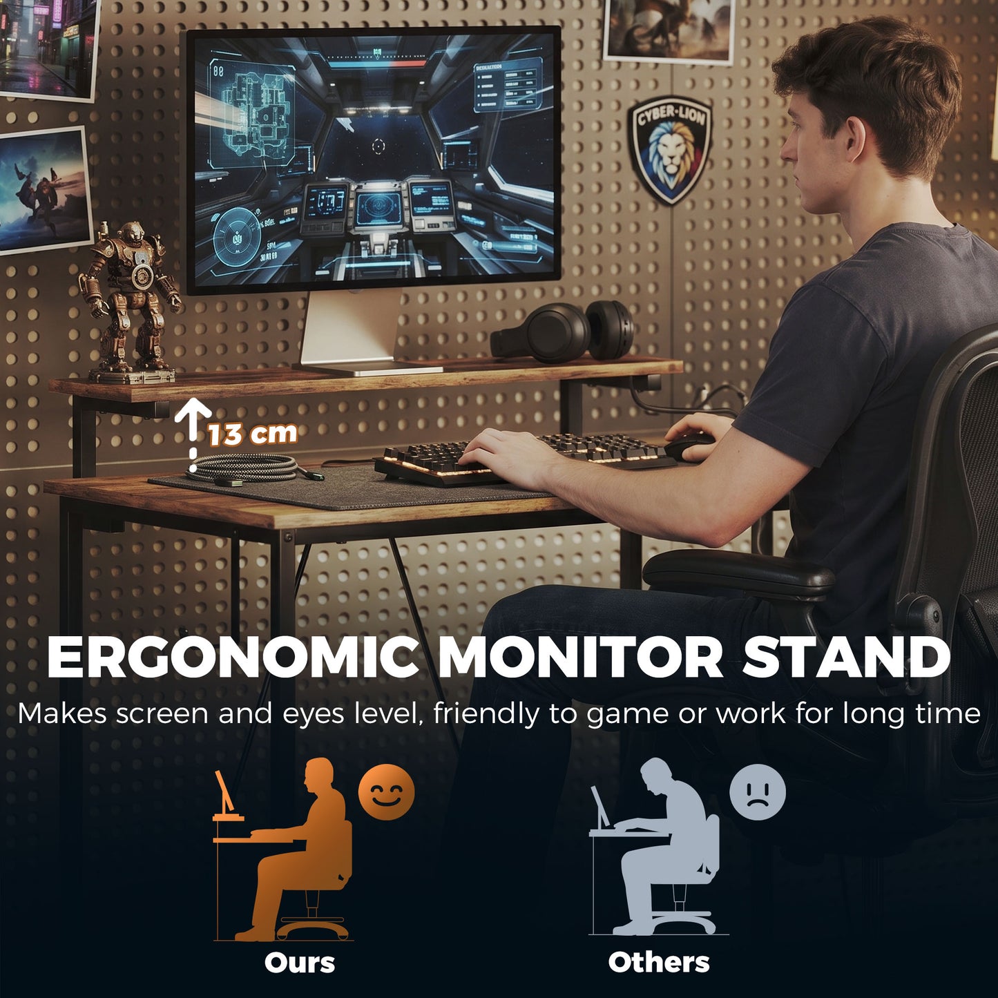 HOMCOM Reversible 'L' LED Light Gaming/Work Desk - Rustic Brown