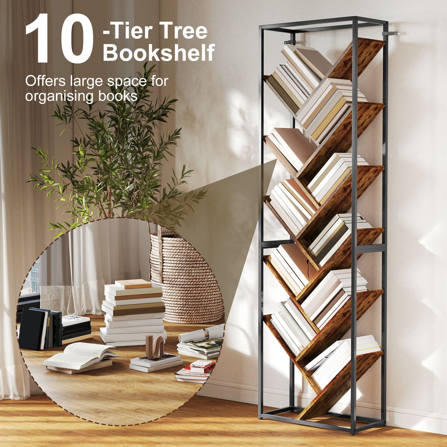 HOMCOM 10 Shelf Industrial-Style Bookshelf - Black/Brown