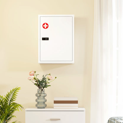 HOMCOM Wall Mount Medicine Cabinet, Bathroom Cabinet with Combination Lock, Door and Storage Shelves, White