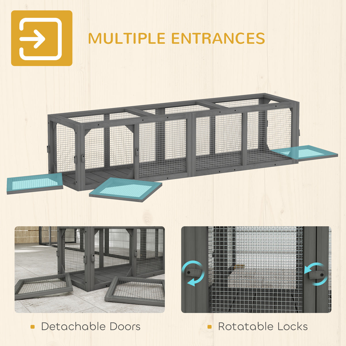 PawHut Outdoor Cat Tunnel, Wooden Play Cat Enclosure, Extendable Pet Run with 3 Doors, for Indoor and Outdoor Use, Grey